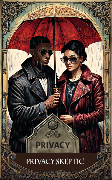 The Privacy Skeptics, a Black man and a white woman, confer beneath a protective umbrella.